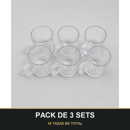PACK DE 3 SETS — Set de 6 Tazas de Cristal con Asa – Diseño Elegante para Zumos, Café, Té e Infusiones. 18 TAZAS EN TOTAL