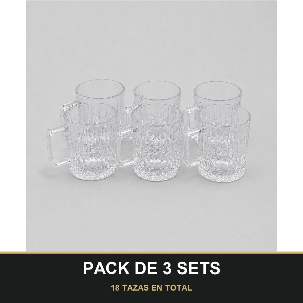 PACK DE 3 SETS — Set de 6 Tazas de Cristal con Asa – Diseño Elegante para Zumos, Café, Té e Infusiones. 18 TAZAS EN TOTAL
