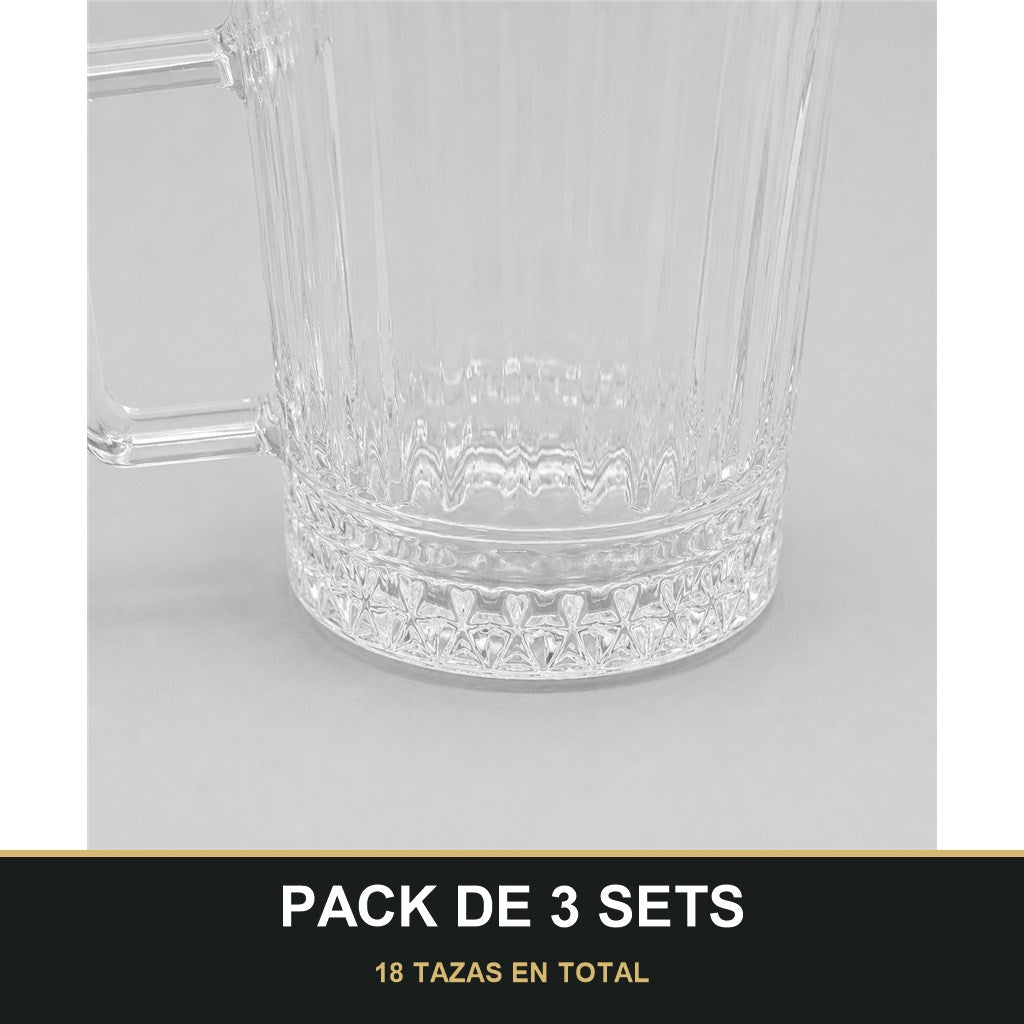 PACK DE 3 SETS — Set de 6 Tazas de Cristal con Asa – Diseño Elegante para Zumos, Café, Té e Infusiones. 18 TAZAS EN TOTAL