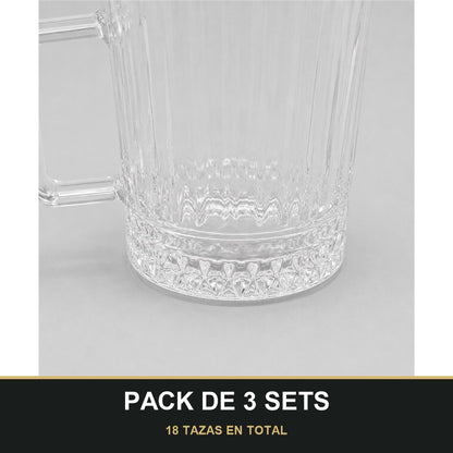 PACK DE 3 SETS — Set de 6 Tazas de Cristal con Asa – Diseño Elegante para Zumos, Café, Té e Infusiones. 18 TAZAS EN TOTAL