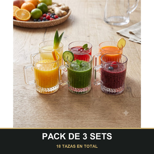 PACK DE 3 SETS — Set de 6 Tazas de Cristal con Asa – Diseño Elegante para Zumos, Café, Té e Infusiones. 18 TAZAS EN TOTAL