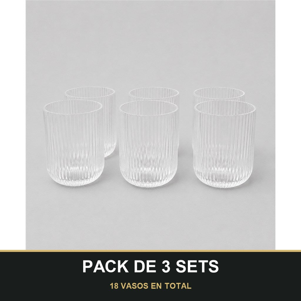 PACK DE 3 SETS — Set de 6 Vasos de Cristal Transparente con Relieve – Elegancia para Agua, Refrescos y Cócteles. 18 VASOS EN TOTAL