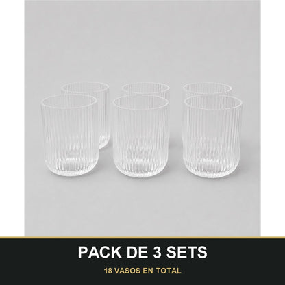 PACK DE 3 SETS — Set de 6 Vasos de Cristal Transparente con Relieve – Elegancia para Agua, Refrescos y Cócteles. 18 VASOS EN TOTAL