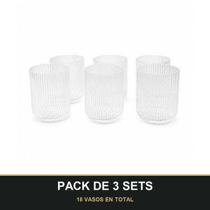 PACK DE 3 SETS — Set de 6 Vasos de Cristal Transparente con Relieve – Elegancia para Agua, Refrescos y Cócteles. 18 VASOS EN TOTAL