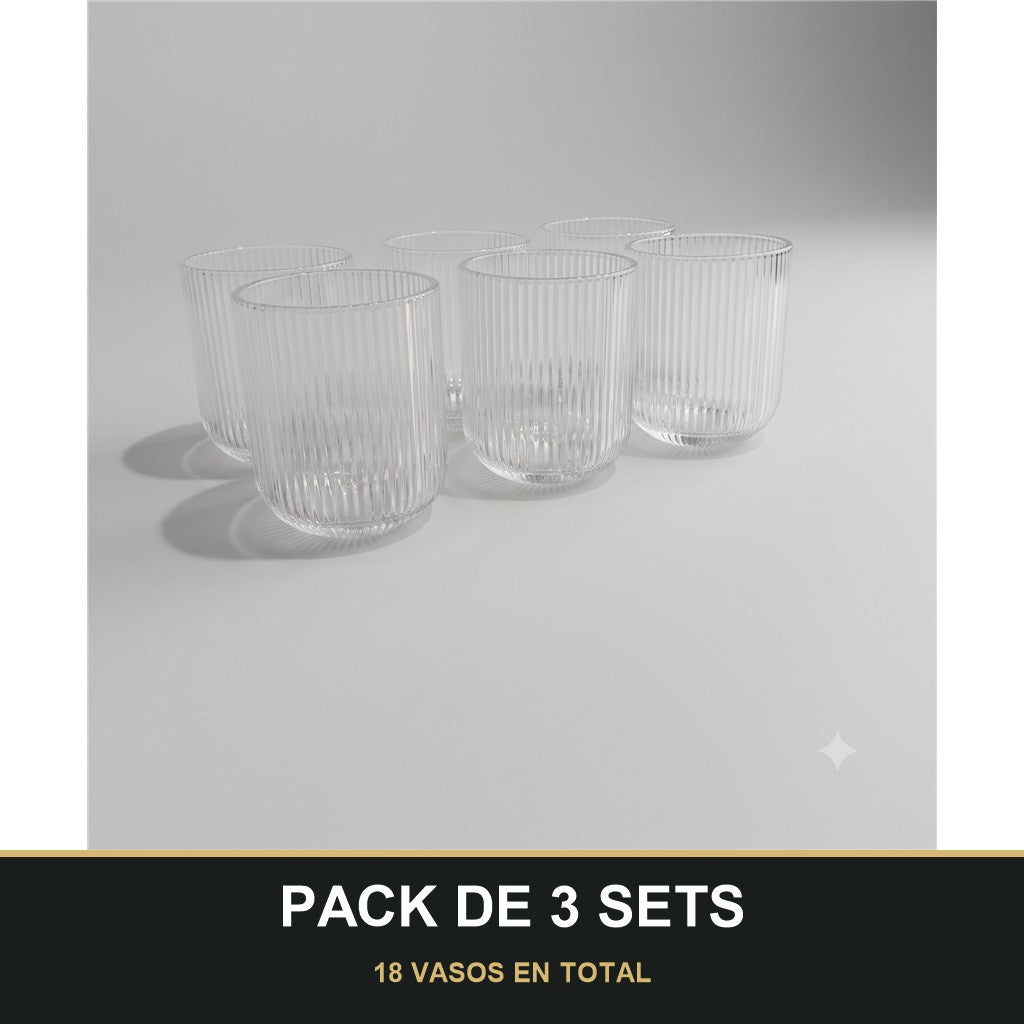 PACK DE 3 SETS — Set de 6 Vasos de Cristal Transparente con Relieve – Elegancia para Agua, Refrescos y Cócteles. 18 VASOS EN TOTAL