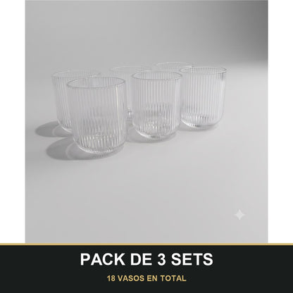 PACK DE 3 SETS — Set de 6 Vasos de Cristal Transparente con Relieve – Elegancia para Agua, Refrescos y Cócteles. 18 VASOS EN TOTAL