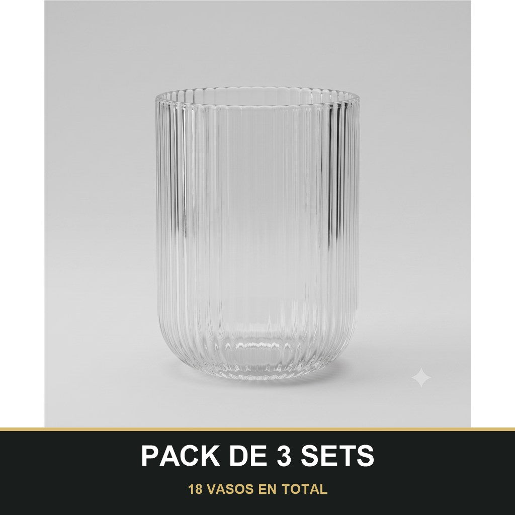 PACK DE 3 SETS — Set de 6 Vasos de Cristal Transparente con Relieve – Elegancia para Agua, Refrescos y Cócteles. 18 VASOS EN TOTAL