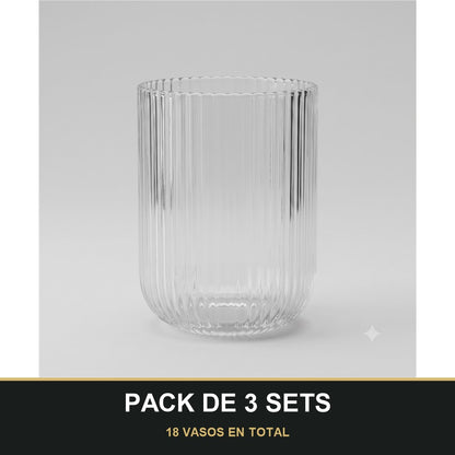 PACK DE 3 SETS — Set de 6 Vasos de Cristal Transparente con Relieve – Elegancia para Agua, Refrescos y Cócteles. 18 VASOS EN TOTAL