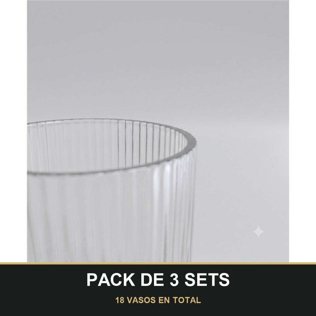 PACK DE 3 SETS — Set de 6 Vasos de Cristal Transparente con Relieve – Elegancia para Agua, Refrescos y Cócteles. 18 VASOS EN TOTAL