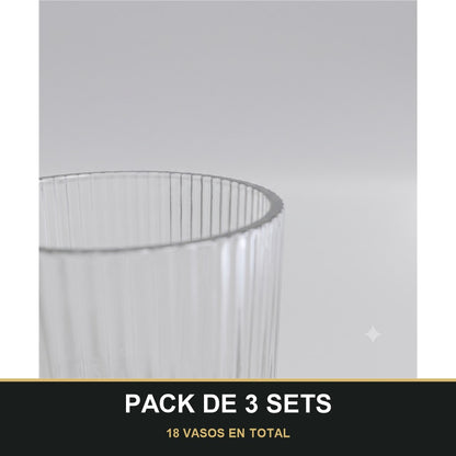 PACK DE 3 SETS — Set de 6 Vasos de Cristal Transparente con Relieve – Elegancia para Agua, Refrescos y Cócteles. 18 VASOS EN TOTAL