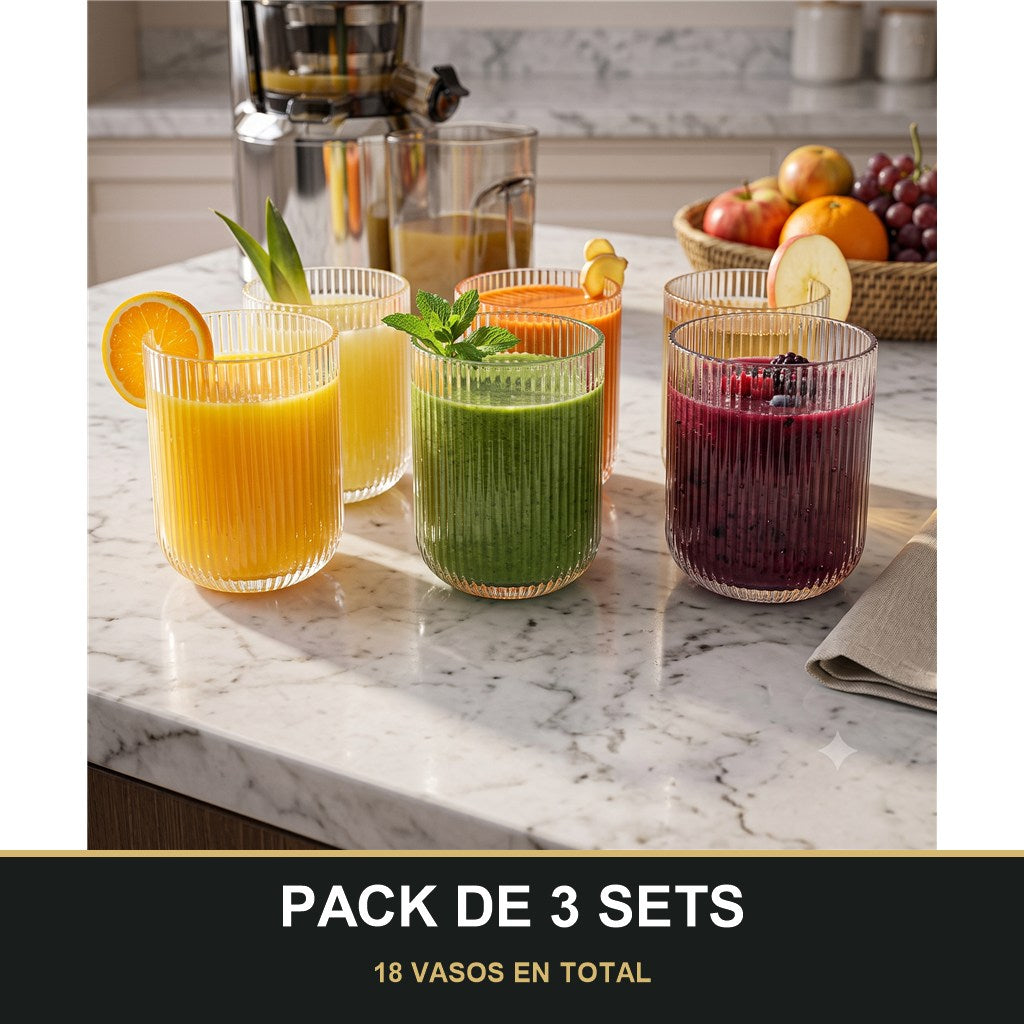 PACK DE 3 SETS — Set de 6 Vasos de Cristal Transparente con Relieve – Elegancia para Agua, Refrescos y Cócteles. 18 VASOS EN TOTAL