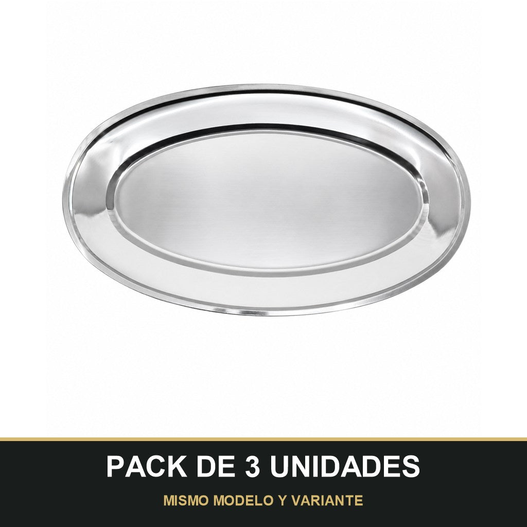 PACK DE 3 UNIDADES — Bandeja Ovalada de Acero Inoxidable – Elegante, Resistente y Multiusos. MISMO MODELO Y VARIANTE