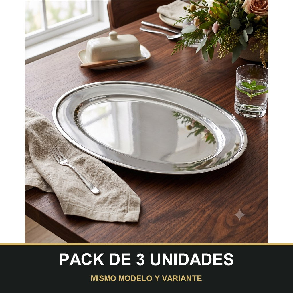 PACK DE 3 UNIDADES — Bandeja Ovalada de Acero Inoxidable – Elegante, Resistente y Multiusos. MISMO MODELO Y VARIANTE