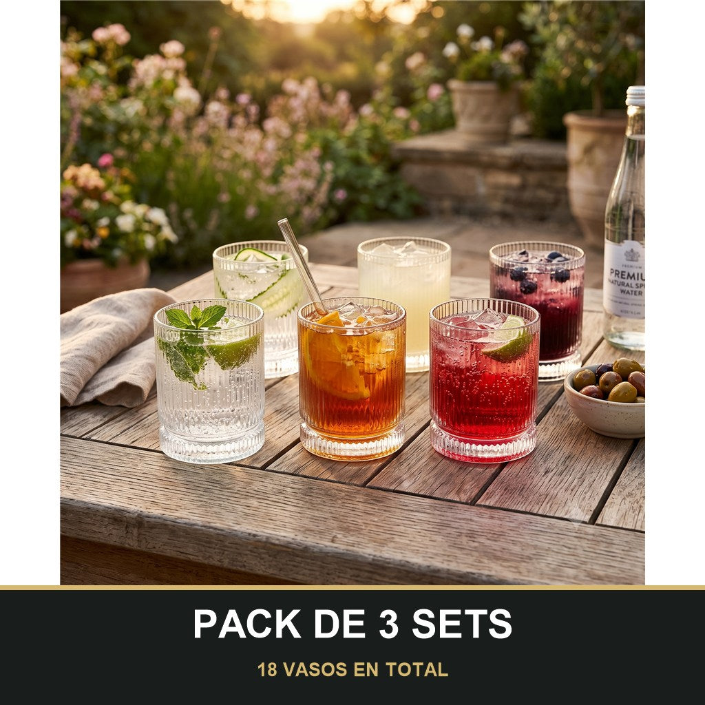 PACK DE 3 SETS — Set de 6 Vasos Bajos de Cristal con Relieve – Elegantes y Resistentes para Bebidas, Refrescos y Zumos. 18 VASOS EN TOTAL
