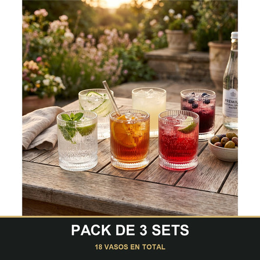 PACK DE 3 SETS — Set de 6 Vasos Bajos de Cristal con Relieve – Elegantes y Resistentes para Bebidas, Refrescos y Zumos. 18 VASOS EN TOTAL