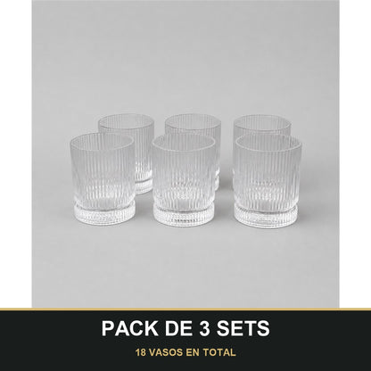 PACK DE 3 SETS — Set de 6 Vasos Bajos de Cristal con Relieve – Elegantes y Resistentes para Bebidas, Refrescos y Zumos. 18 VASOS EN TOTAL