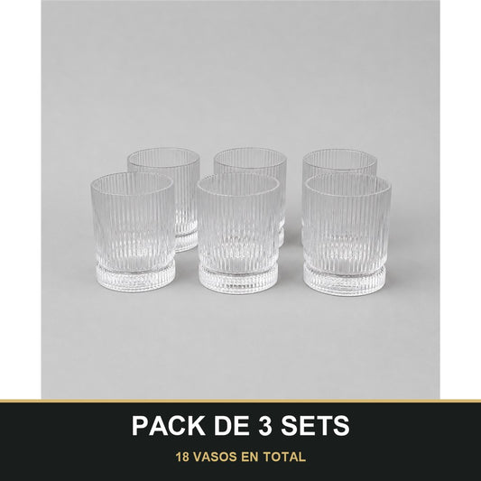 PACK DE 3 SETS — Set de 6 Vasos Bajos de Cristal con Relieve – Elegantes y Resistentes para Bebidas, Refrescos y Zumos. 18 VASOS EN TOTAL