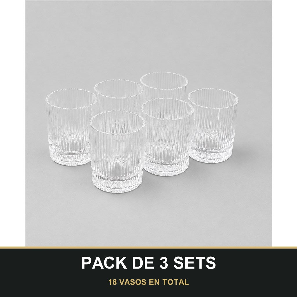 PACK DE 3 SETS — Set de 6 Vasos Bajos de Cristal con Relieve – Elegantes y Resistentes para Bebidas, Refrescos y Zumos. 18 VASOS EN TOTAL