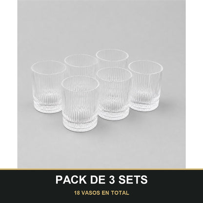 PACK DE 3 SETS — Set de 6 Vasos Bajos de Cristal con Relieve – Elegantes y Resistentes para Bebidas, Refrescos y Zumos. 18 VASOS EN TOTAL