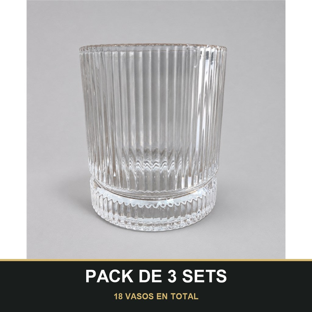 PACK DE 3 SETS — Set de 6 Vasos Bajos de Cristal con Relieve – Elegantes y Resistentes para Bebidas, Refrescos y Zumos. 18 VASOS EN TOTAL
