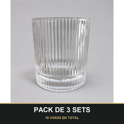 PACK DE 3 SETS — Set de 6 Vasos Bajos de Cristal con Relieve – Elegantes y Resistentes para Bebidas, Refrescos y Zumos. 18 VASOS EN TOTAL