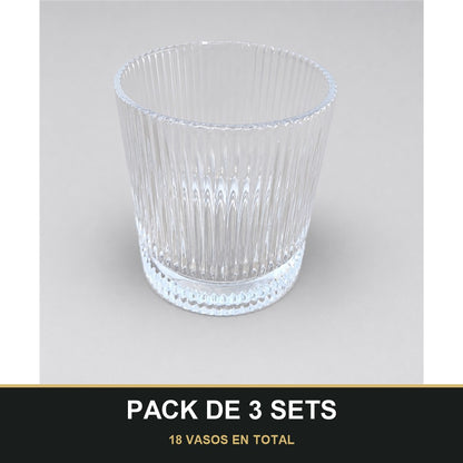 PACK DE 3 SETS — Set de 6 Vasos Bajos de Cristal con Relieve – Elegantes y Resistentes para Bebidas, Refrescos y Zumos. 18 VASOS EN TOTAL