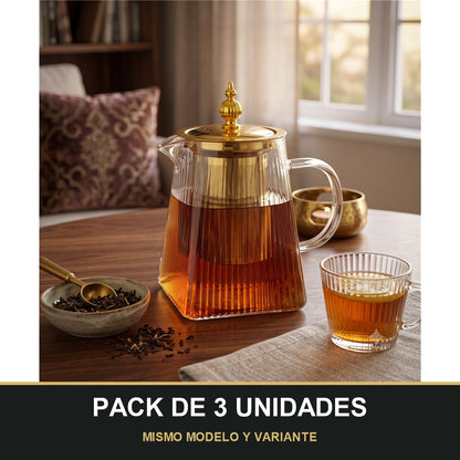 PACK DE 3 UNIDADES — Tetera de Cristal con Filtro y Tapa Dorada-750mL. MISMO MODELO Y VARIANTE