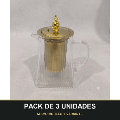 PACK DE 3 UNIDADES — Tetera de Cristal con Filtro y Tapa Dorada-750mL. MISMO MODELO Y VARIANTE