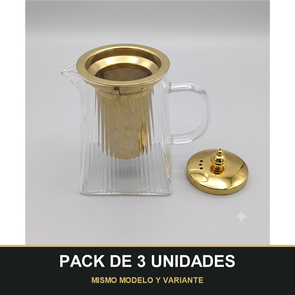 PACK DE 3 UNIDADES — Tetera de Cristal con Filtro y Tapa Dorada-750mL. MISMO MODELO Y VARIANTE