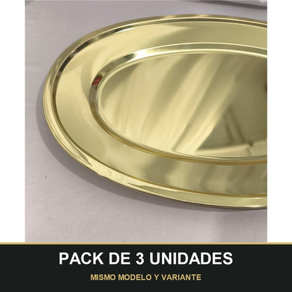 PACK DE 3 UNIDADES — Bandeja Ovalada de Acero Inoxidable – Elegante, Resistente y Multiusos Dorada. MISMO MODELO Y VARIANTE