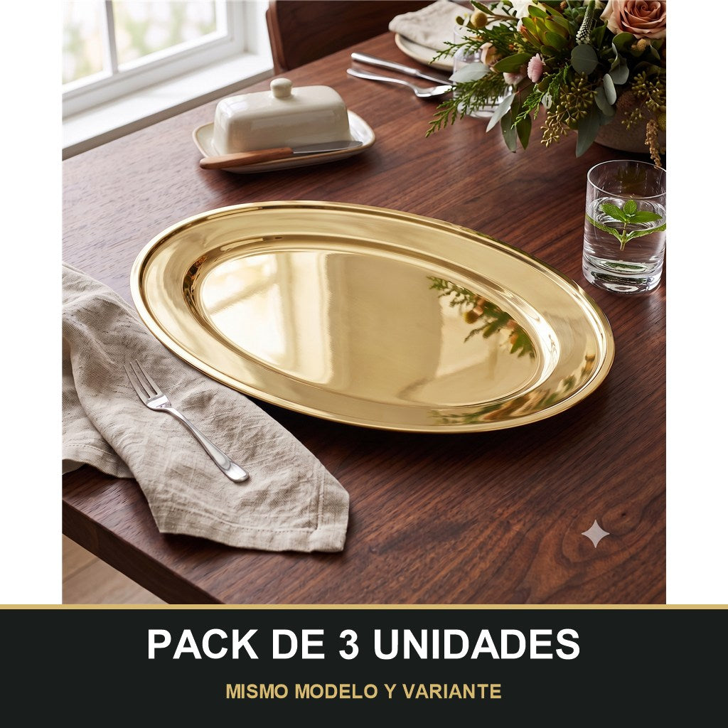 PACK DE 3 UNIDADES — Bandeja Ovalada de Acero Inoxidable – Elegante, Resistente y Multiusos Dorada. MISMO MODELO Y VARIANTE