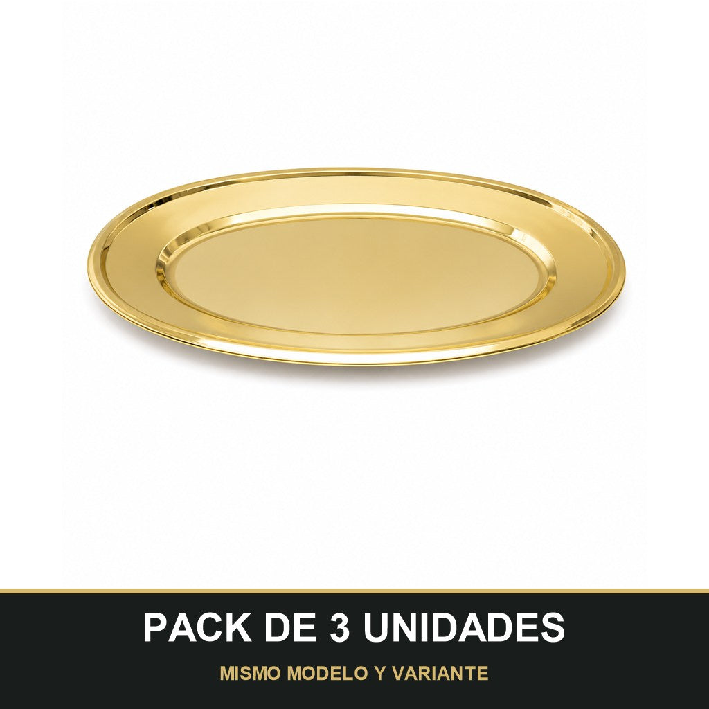 PACK DE 3 UNIDADES — Bandeja Ovalada de Acero Inoxidable – Elegante, Resistente y Multiusos Dorada. MISMO MODELO Y VARIANTE
