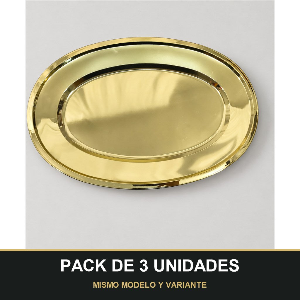 PACK DE 3 UNIDADES — Bandeja Ovalada de Acero Inoxidable – Elegante, Resistente y Multiusos Dorada. MISMO MODELO Y VARIANTE