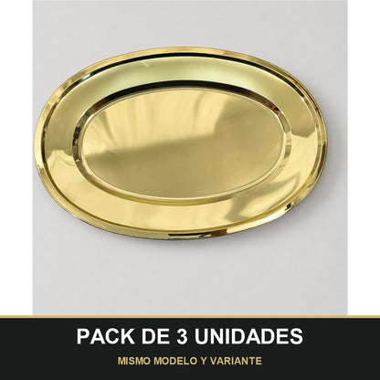 PACK DE 3 UNIDADES — Bandeja Ovalada de Acero Inoxidable – Elegante, Resistente y Multiusos Dorada. MISMO MODELO Y VARIANTE