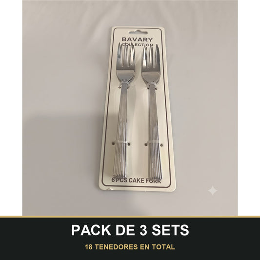 PACK DE 3 SETS — Set de 6 Tenedores para Postre con Mango Texturizado – Acabado Plateado. 18 TENEDORES EN TOTAL