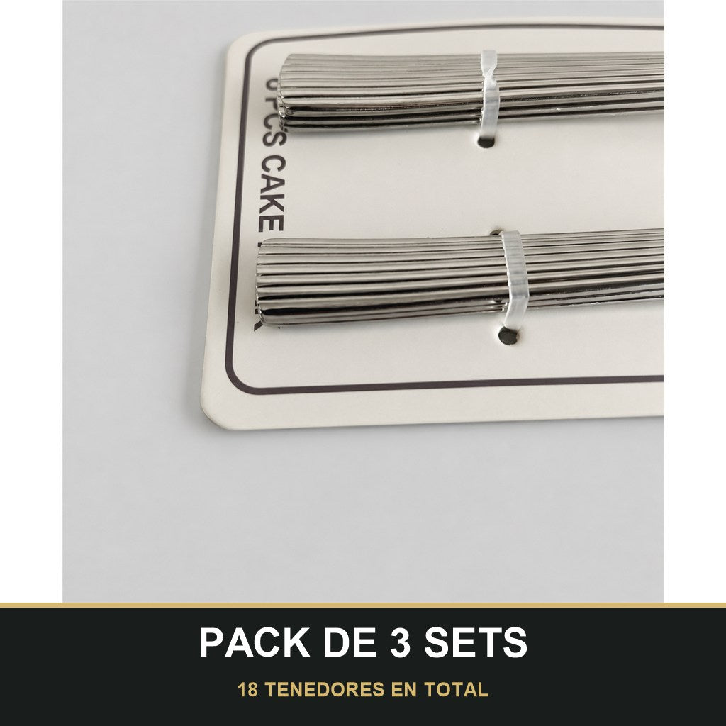 PACK DE 3 SETS — Set de 6 Tenedores para Postre con Mango Texturizado – Acabado Plateado. 18 TENEDORES EN TOTAL