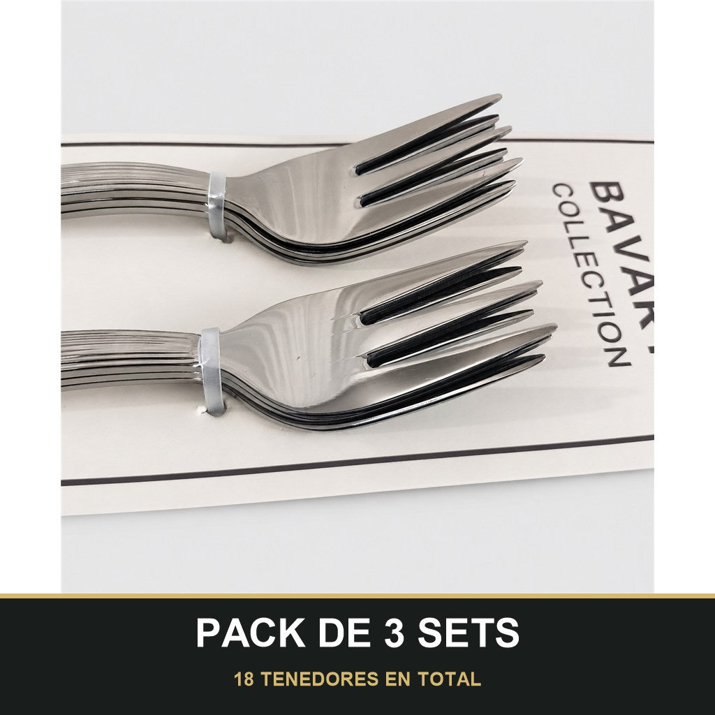 PACK DE 3 SETS — Set de 6 Tenedores para Postre con Mango Texturizado – Acabado Plateado. 18 TENEDORES EN TOTAL