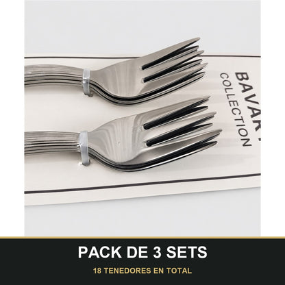PACK DE 3 SETS — Set de 6 Tenedores para Postre con Mango Texturizado – Acabado Plateado. 18 TENEDORES EN TOTAL