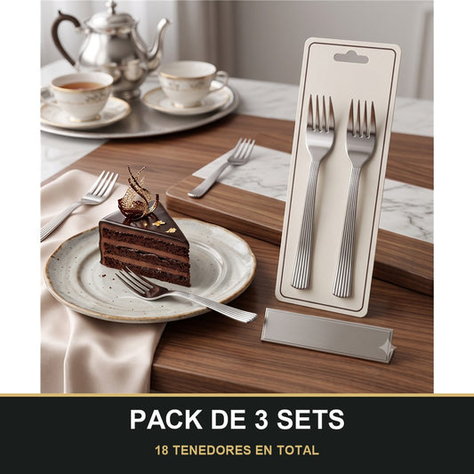 PACK DE 3 SETS — Set de 6 Tenedores para Postre con Mango Texturizado – Acabado Plateado. 18 TENEDORES EN TOTAL