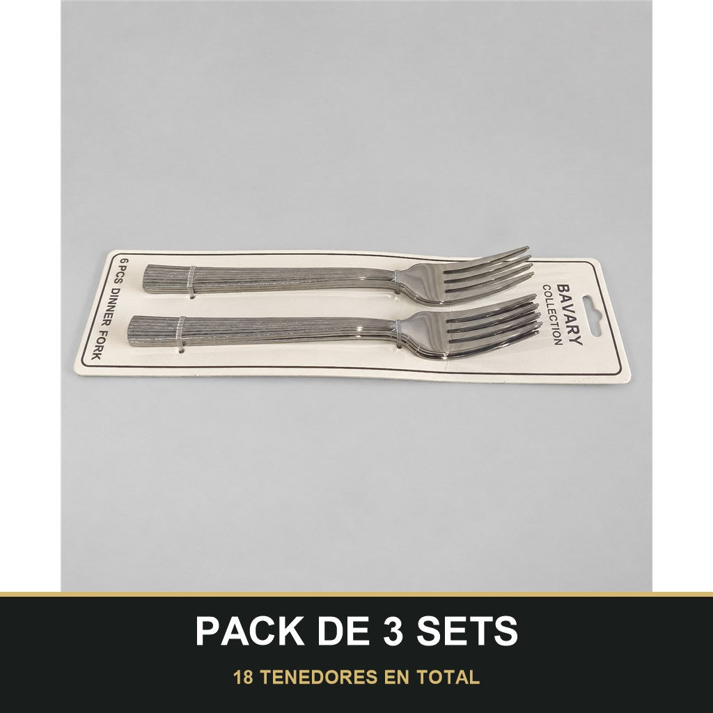 PACK DE 3 SETS — Set de 6 Tenedores de Mesa con Mango Texturizado – Acabado Plateado. 18 TENEDORES EN TOTAL