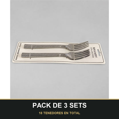 PACK DE 3 SETS — Set de 6 Tenedores de Mesa con Mango Texturizado – Acabado Plateado. 18 TENEDORES EN TOTAL