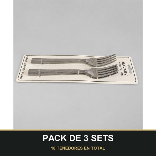 PACK DE 3 SETS — Set de 6 Tenedores de Mesa con Mango Texturizado – Acabado Plateado. 18 TENEDORES EN TOTAL