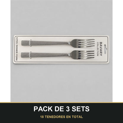 PACK DE 3 SETS — Set de 6 Tenedores de Mesa con Mango Texturizado – Acabado Plateado. 18 TENEDORES EN TOTAL