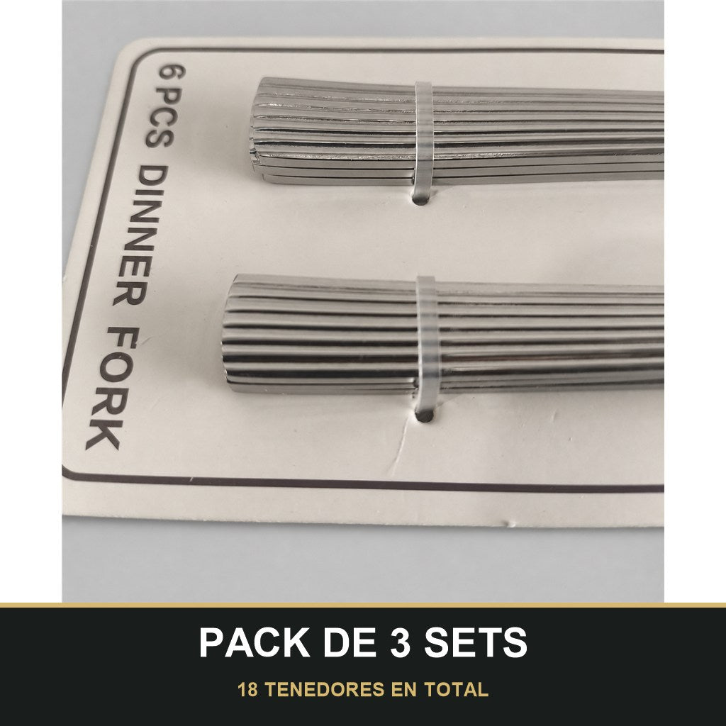 PACK DE 3 SETS — Set de 6 Tenedores de Mesa con Mango Texturizado – Acabado Plateado. 18 TENEDORES EN TOTAL