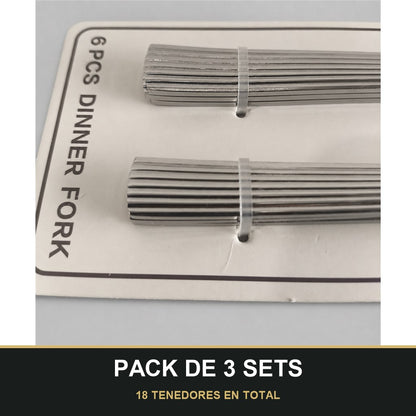 PACK DE 3 SETS — Set de 6 Tenedores de Mesa con Mango Texturizado – Acabado Plateado. 18 TENEDORES EN TOTAL