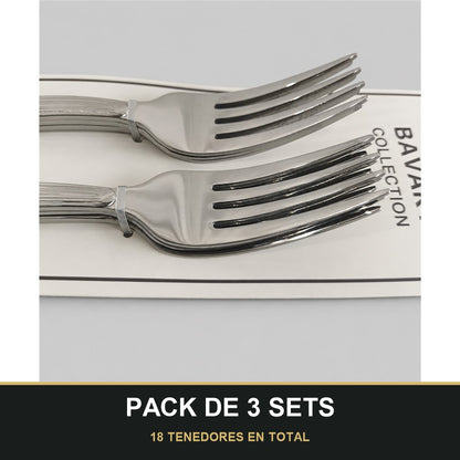PACK DE 3 SETS — Set de 6 Tenedores de Mesa con Mango Texturizado – Acabado Plateado. 18 TENEDORES EN TOTAL