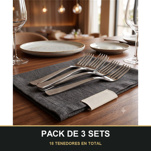 PACK DE 3 SETS — Set de 6 Tenedores de Mesa con Mango Texturizado – Acabado Plateado. 18 TENEDORES EN TOTAL