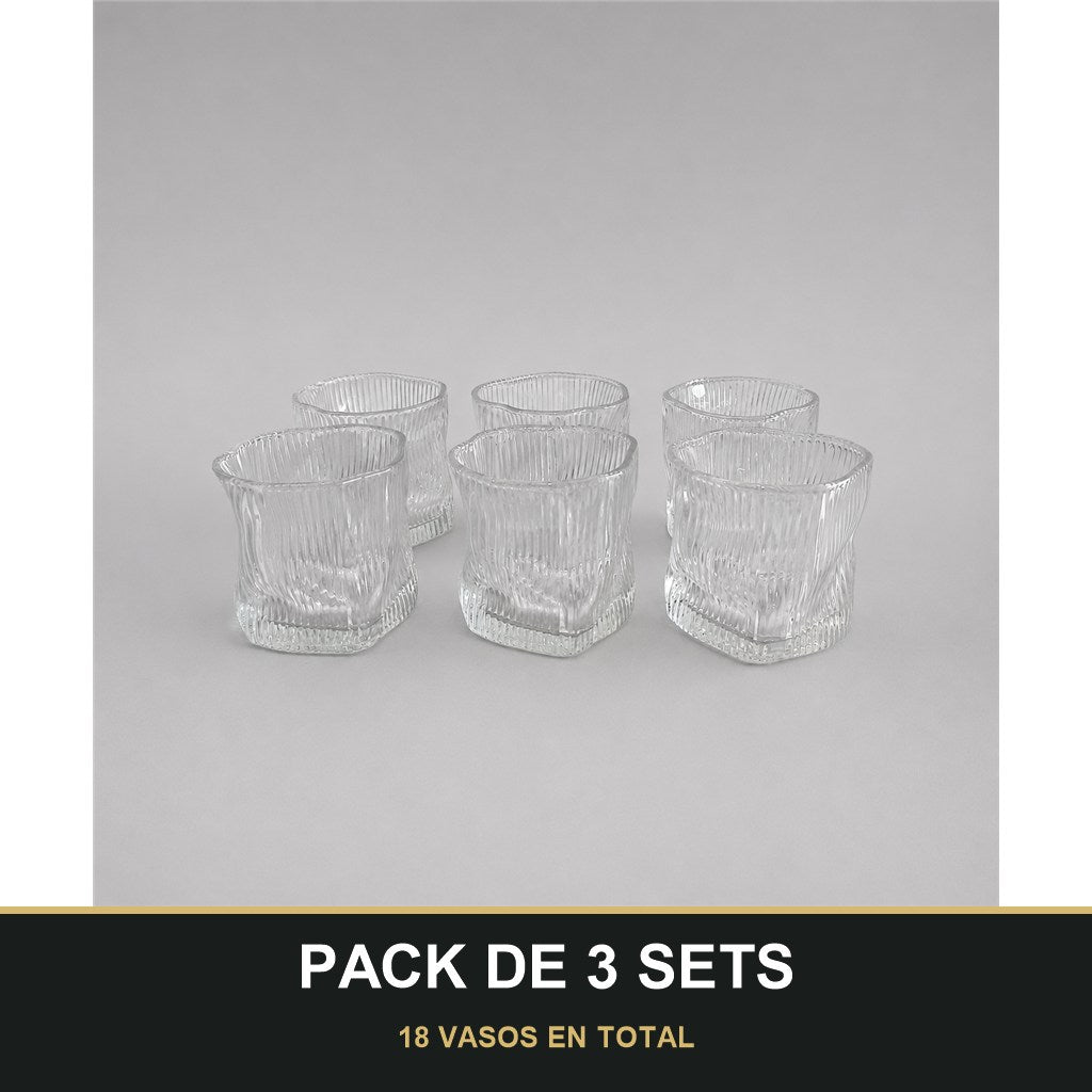PACK DE 3 SETS — Set de 6 Vasos Bajos de Cristal con Diseño Ondulado – Elegantes y Modernos. 18 VASOS EN TOTAL