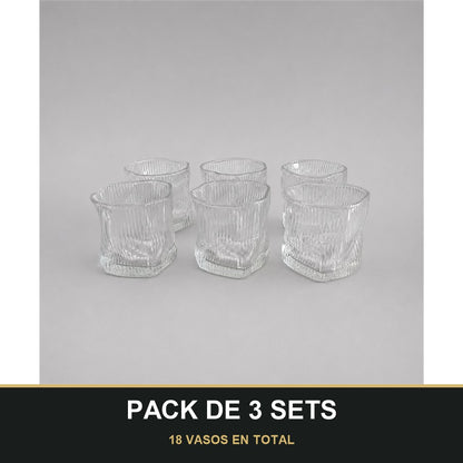 PACK DE 3 SETS — Set de 6 Vasos Bajos de Cristal con Diseño Ondulado – Elegantes y Modernos. 18 VASOS EN TOTAL