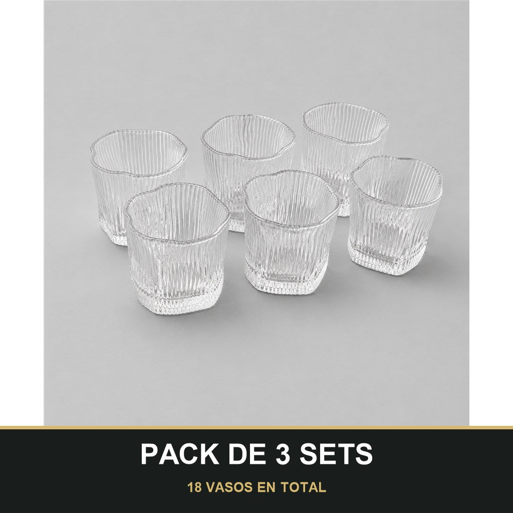 PACK DE 3 SETS — Set de 6 Vasos Bajos de Cristal con Diseño Ondulado – Elegantes y Modernos. 18 VASOS EN TOTAL